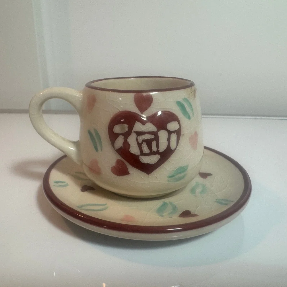 Mini Espresso Cup and Saucer Set Cracked Glaze Heart Rose‎ Design